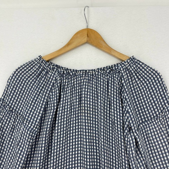 Flynn Skye Bobby Top Women XS Blue Plaid Off The Shoulder Crepe Blouse Shirt - Picture 4 of 11
